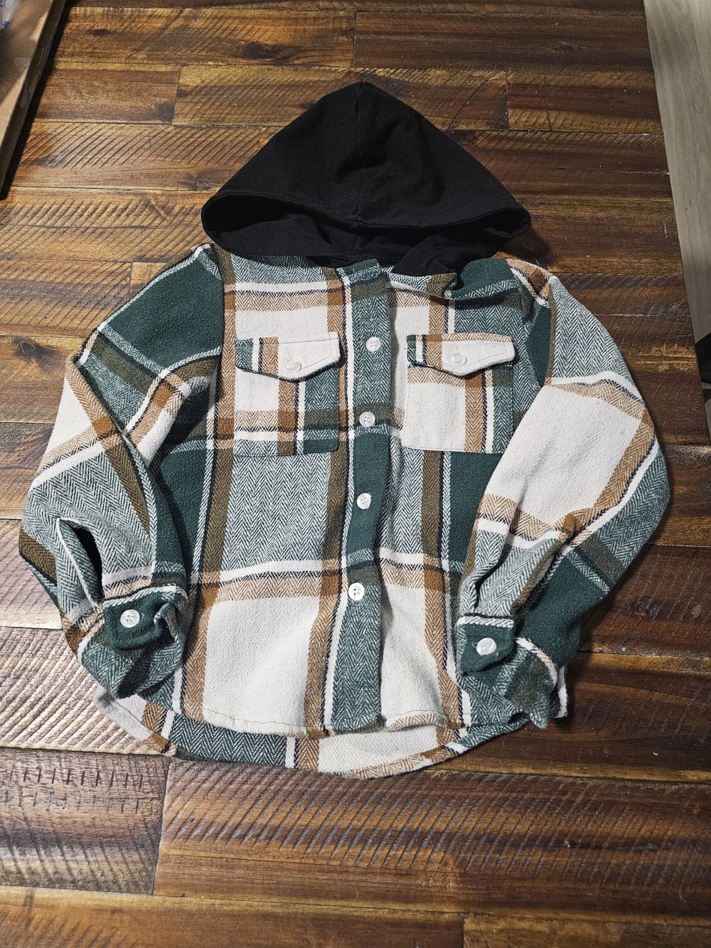Green & Cream Plaid Flannel Hooded Button-Up Shacket (Shirt Jacket)